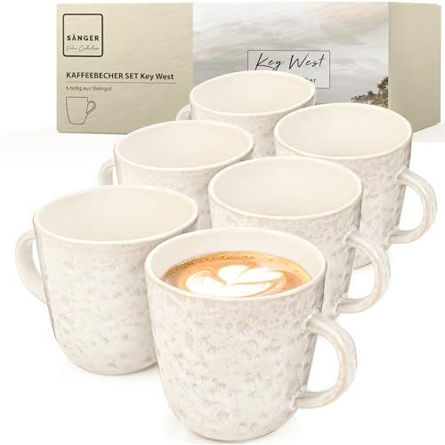 Sänger Key West | Kaffeebecher 6 Personen, Steingut Kaffeetassen Set 6er, Tassen Set Teetasse Set spülmaschinenfest mikrowellenfest, Coffee Mug Creme mit sandiger Maserung 430 ml | VALUE COLLECTION von Sänger