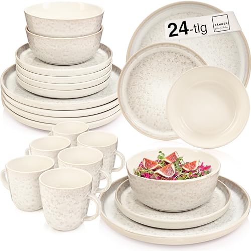 SÄNGER Key West | Steingut Geschirr Set 24 tlg, Teller Set 6 Personen, Geschirrset 6x Speiseteller 6x Müslischalen 6x Dessertteller 6x Kaffeebecher Creme mit sandiger Maserung | VALUE COLLECTION von Sänger