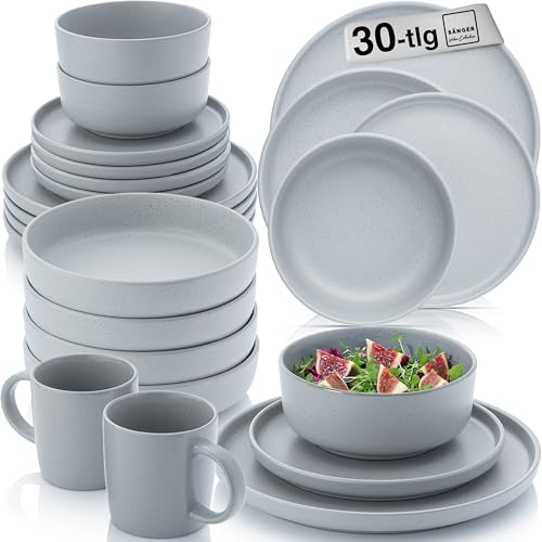 SÄNGER Leeds Sterling | Kombiservice 30 teilig, Steingut Geschirr 6 Personen, 6x Speiseteller 6x Dessertteller 6x Schalen 6x Pastateller 6x Kaffeebecher, Teller Set grau | VALUE COLLECTION von Sänger