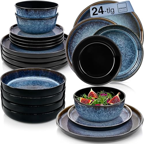 SÄNGER Osaka | Tafelservice 24 teilig, Steingut Geschirr Set 6 Personen, 6x Teller Set 6x Frühstücksteller 6x Tiefe Teller 6x Pastaschalen blau mit schwarzem Rand | VALUE COLLECTION SÄNGER Osaka | Tafelservice 24 teilig, Steingut Geschirr Set 6 Personen, 6x Teller Set 6x Frühstücksteller 6x Tiefe Teller 6x Pastaschalen blau mit schwarzem Rand | VALUE COLLECTION von Sänger