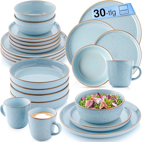 SÄNGER Rio Lagune | Kombiservice 6 Personen, Teller Set Kaffeebecher Pastaschale 30 tlg, Steingut Geschirr Set spülmaschinen- mikrowellen- kratzfest, Geschirrset aus Steingut, blau | VALUE COLLECTION von Sänger