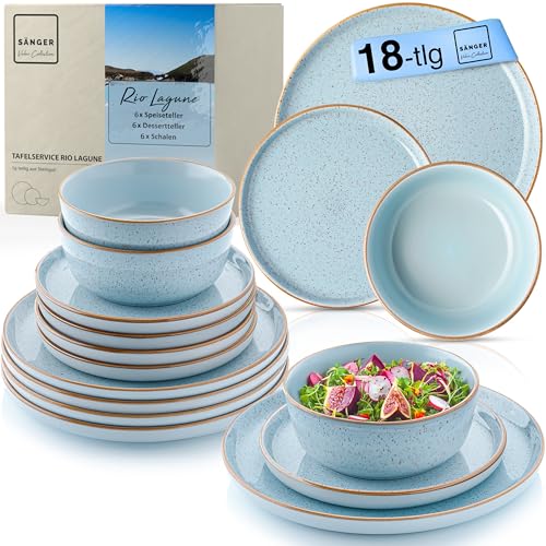 SÄNGER Rio Lagune | Tafelservice 18 teilig, Steingut Geschirr Set 6 Personen, 6x Speiseteller 6x Dessertteller 6x Schalen Geschirrset und Schale blau | VALUE COLLECTION von Sänger