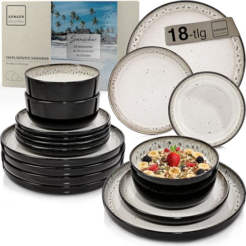 SÄNGER Sansibar | Steingut Geschirr Set 18 tlg, Teller Set 6 Personen, Geschirrset 6x Speiseteller 6x Müslischalen 6x Dessertteller, Tafelservice hellgrau kratzfest, Essgeschirr | VALUE COLLECTION von Sänger