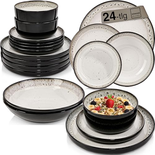 SÄNGER Sansibar | Tafelservice 24 teilig, Steingut Geschirr Set 6 Personen, 6x Teller Set 6x Frühstücksteller 6x Tiefe Teller 6x Suppenteller Geschirrset und Schale hellgrau | VALUE COLLECTION SÄNGER Sansibar | Tafelservice 24 teilig, Steingut Geschirr Set 6 Personen, 6x Teller Set 6x Frühstücksteller 6x Tiefe Teller 6x Suppenteller Geschirrset und Schale hellgrau | VALUE COLLECTION von Sänger