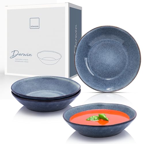 SÄNGER | Suppenteller Darwin 4 tlg, Suppenschalen 4 Personen, Handmade Schüssel Set Steingut, Tiefe Teller für Suppe Vintage, Schälchen Spülmaschinenfest, Schalen Set, Schüssel Blau | 500 ml von Sänger