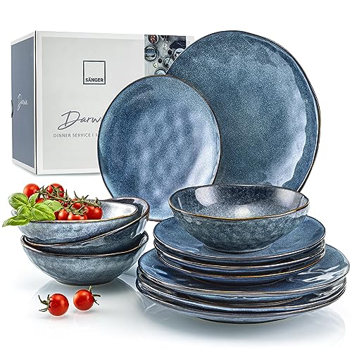 SÄNGER | Tafelservice Darwin 12 tlg, Steingut Geschirrset 4 Personen, Teller Set in Blau inkl. Speiseteller Dessertteler & Tiefe Teller, Essgeschirr, Geschirr Set Handmade von Sänger