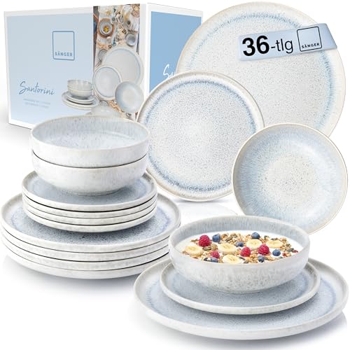 SÄNGER | Tafelservice Santorini 36 tlg, Teller Set 12 Personen, Steingut Geschirr Set, Essservice inkl. Speiseteller Dessertteller & Tiefe Teller, Geschirr Cremefarben mit Flieder Blauem Verlauf von Sänger