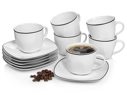 SÄNGER | Tassen Set mit Untertasse Bilgola Black Rim 12 tlg, Kaffeetassen 6 Personen, Porzellan Kaffeeservice Kaffeetasse mit Untertasse, Weiß mit Schwarzen Akzenten 175 ml | PREMIUM COLLECTION von Sänger