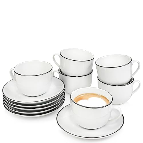 SÄNGER | Tassen Set mit Untertasse Marlo Black Rim 12 tlg, Kaffeetassen 6 Personen, Porzellan Kaffeeservice Kaffeetasse mit Untertasse, Weiß mit schwarzen Akzenten, 200 ml | PREMIUM COLLECTION von Sänger