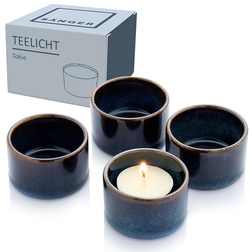 SÄNGER | Teelichthalter Tokio 8 tlg, Windlicht Glas aus Steingut inkl. Teelicht, Handmade Teelichtgläser mit Windlichtern, Kerzengläser, Teelichtglas Dunkelblau mit Schwarzen Akzenten | 5,2 von Sänger