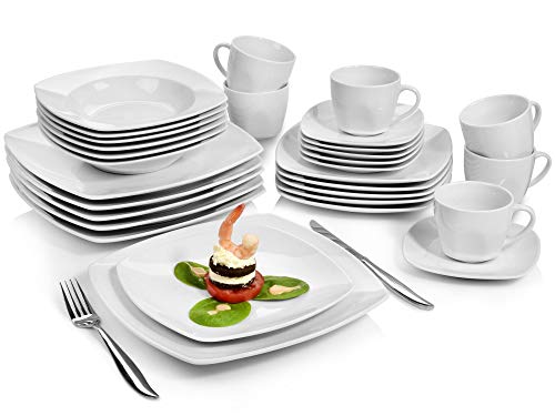 SÄNGER | Kombiservice Markant 30 tlg, Porzellan Geschirrset 6 Personen, Teller Set spülmaschinenfest, Essgeschirr mit Speisetellern & Kaffeeservice, Eckiges Geschirr Weiß, Dinner Set modern von Sänger