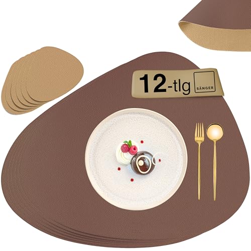 SÄNGER | Untersetzer & Platzsets abwaschbar aus Kunstleder 12 teilig, Platzdeckchen Tischuntersetzer für 6 Personen-rutschfest doppelseitig wasserdicht- Tischset Untersetzer Beige Mocha 44 * 37cm von Sänger