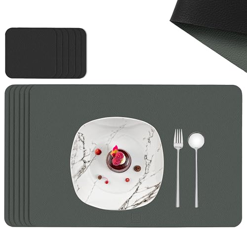 SÄNGER | Untersetzer & Platzsets abwaschbar aus Kunstleder 12 teilig, Platzdeckchen Tischuntersetzer für 6 Personen-rutschfest doppelseitig wasserdicht- Tischset Untersetzer Grau Schwarz 44,5 * 30cm von Sänger