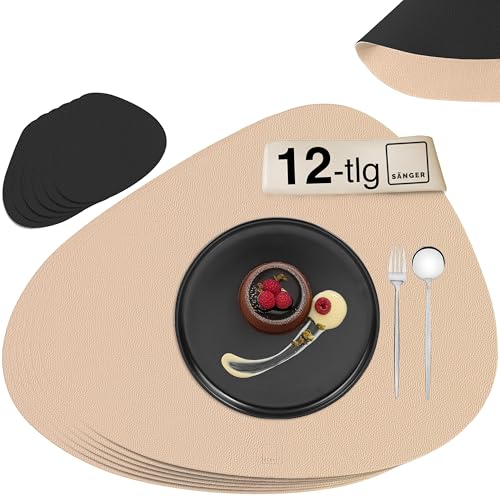 SÄNGER | Untersetzer & Platzsets abwaschbar aus Kunstleder 12 teilig, Platzdeckchen Tischuntersetzer für 6 Personen-rutschfest doppelseitig wasserdicht- Tischset Untersetzer Schwarz Beige 44 * 37cm von Sänger
