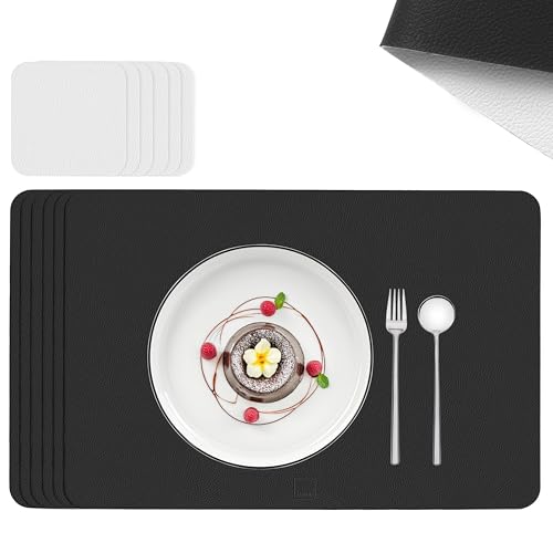 SÄNGER | Untersetzer & Platzsets abwaschbar aus Kunstleder 12 teilig, Platzdeckchen Tischuntersetzer für 6 Personen-rutschfest doppelseitig wasserdicht- Tischset Untersetzer Schwarz Creme 44,5 * 30cm von Sänger