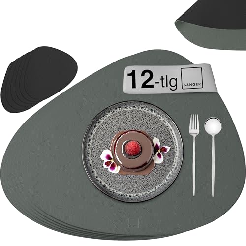 SÄNGER | Untersetzer und Platzsets abwaschbar aus Kunstleder 12 teilig, Platzdeckchen und Tischuntersetzer für 6 Personen-rutschfest doppelseitig wasserdicht -Grau Schwarz 44 * 37 cm von Sänger