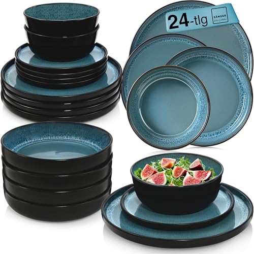 SÄNGER Vigo | Tafelservice 24 teilig, Steingut Geschirr Set 6 Personen, 6x Teller Set 6x Frühstücksteller 6x Tiefe Teller 6x Pastaschalen blau mit schwarzem Rand | VALUE COLLECTION SÄNGER Vigo | Tafelservice 24 teilig, Steingut Geschirr Set 6 Personen, 6x Teller Set 6x Frühstücksteller 6x Tiefe Teller 6x Pastaschalen blau mit schwarzem Rand | VALUE COLLECTION von Sänger
