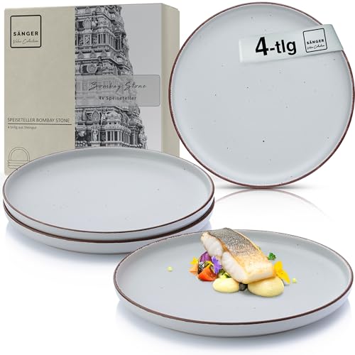 Sänger Bombay Stone | Teller Set 4 Personen, 4x Speiseteller Set aus Steingut, Dinner Set kratz- mikrowellen- spülmaschinenfest, Steingut Teller Essgeschirr, Plate Set grau | VALUE COLLECTION von Sänger
