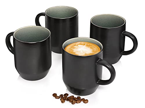 SÄNGER | Kaffeebecher mit Henkel Helsinki 4 tlg, Steingut Tasse 4 Personen, Kaffee Tassen Schwarz mit Grauen Akzenten, Coffee Cup für Kaffee Tee & Kakao, Mug Set Spülmaschinengeeignet | 300 ml von Sänger