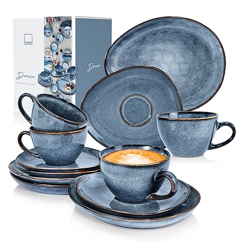 SÄNERG | Kaffeeservice Darwin 12 tlg, Kaffeegeschirr 4 Personen, Steingut Kaffee Set, Kaffee Set Spülmaschinenfest, Service mit Tassen Untertassen & Desserttellern, Kaffee Geschirr Blau | 300 ml von Sänger