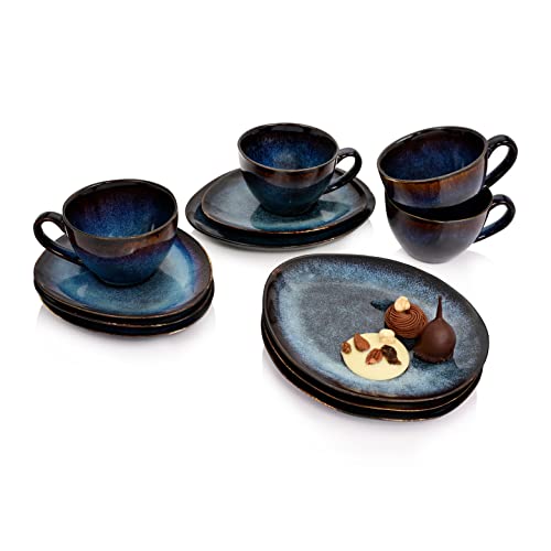 Sänger | Kaffeeservice Tokio 12 TLG, Service & Geschirrsets 4 Personen, Steinzeug Geschirr Set für Kaffee & Dessert, Kaffeegeschirr Handmade, Service Blau-Schwarz mit Braunen Akzenten | 230 ml von Sänger