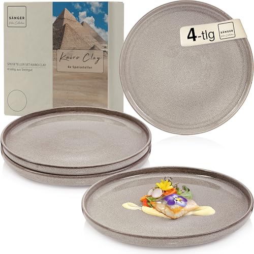Sänger Kairo Clay | Teller Set 4 Personen, 4x Speiseteller Set aus Steingut, Dinner Set kratz- mikrowellen- spülmaschinenfest, Steingut Teller Essteller Essgeschirr, Grau Teller Set VALUE COLLECTON von Sänger