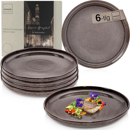 Sänger Kairo Graphit | Teller Set 6 Personen, 6x Speiseteller Set aus Steingut, Dinner Set kratz - mikrowellen - spülmaschinenfest, Steingut Teller Essteller Essgeschirr, Mocha Braun VALUE COLLECTION von Sänger