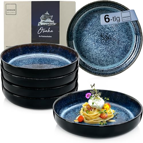 Sänger Osaka | Steingut Pastaschalen 6 tlg, Nudel Schalen Set 6 Personen, Schüssel Set spülmaschinenfest mikrowellenfest kratzfest, große Schüssel blau mit schwarzem Rand 800 ml | VALUE COLLECTION von Sänger