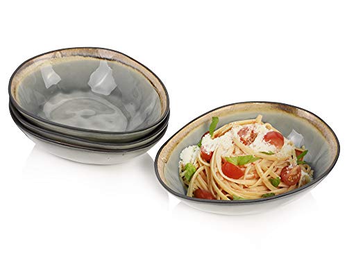 Sänger | Pastateller Capri Grau 4 tlg, Pasta Schüssel Set 4 Personen, Steingut Geschirrset für Pasta, Bowl Schüssel Spülmaschinenfest, Pasta Teller Set, Schalen Set Grau mit Braunem Rand | 1,2 L von Sänger