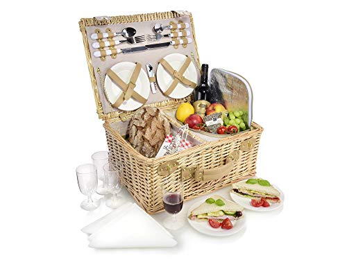 SÄNGER | Picknickkorb Fehmarn, 25-teiliges Set für 4 Personen, Weidenkorb, Besteck, Teller, Gläser, Kühltasche, Flaschenöffner von Sänger