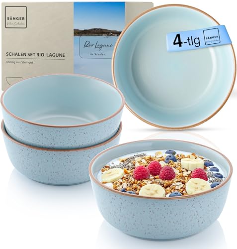 Sänger Rio Lagune| Steingut Schüssel Set 4 teilig, Müslischalen für 4 Personen, Schalen multifunktional, kratz- mikrowellen- spülmaschinenfest, Tiefe Teller blau 600 ml | VALUE COLLECTION von Sänger