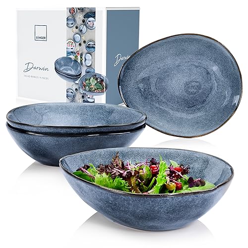 SÄNGER | Salatschüssel Darwin 4 tg, Salad Bowl 4 Personen, Steingut Geschirr Set für Salat, Handmade Salatteller Spülmaschinenfest, Bowl Schüssel Multifunktional, Bowl Set, Salatschale Blau | 750 ml von Sänger