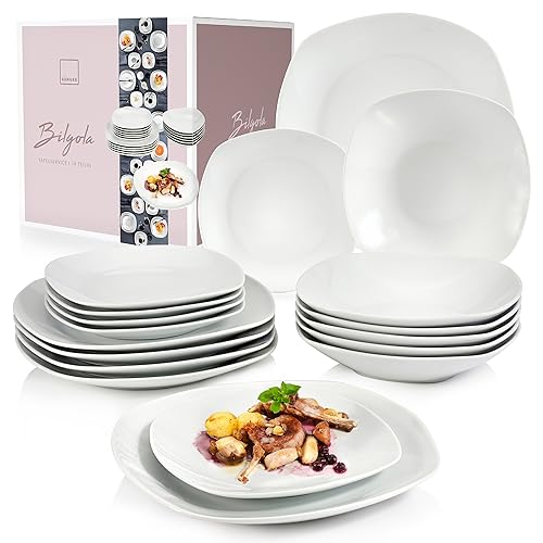 SÄNGER | Tafelservice Bilgola Weiß, 18-teiliges Geschirrset für 6 Personen mit Suppen-, Dessert-, & flachen Tellern aus Porzellan von Sänger