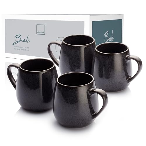 Sänger | Tassen Set Bali 4 tlg, Kaffeetassen Set 4 Personen, Steingut Becher Spülmaschinenfest, Handmade Tasse Groß, Coffee Cup, Tea Cup, Teetassen Set Dunkel Grau mit Dunkler Maserung | 350 ml von Sänger