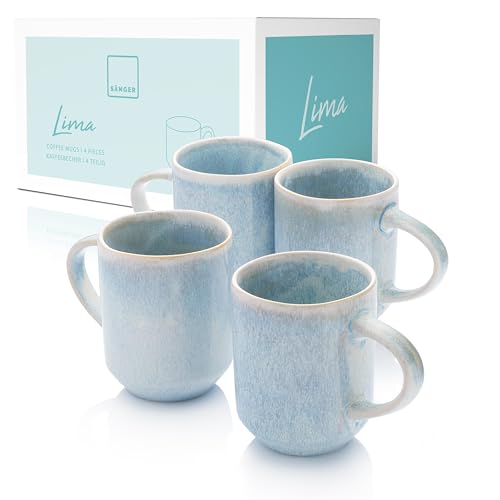 Sänger | Tassen Set Lima 4 tlg, Kaffeetassen Set 4 Personen, Steingut Becher Spülmaschinenfest, Handmade Teetassen Set, Kaffee Tassen Blau Türkis mit Hellem Farbverlauf & Beigem Rand | 410 ml von Sänger