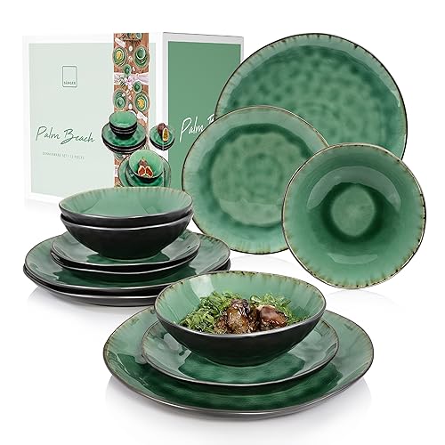 Sänger | Teller Set Palm Beach 12 tlg, Geschirrset 4 Personen, Geschirr Steingut, Dinner Set inkl. Speiseteller Dessertteller & Tiefe Teller Grün Schwarz mit Braunem Farbverlauf | PREMIUM COLLECTION von Sänger