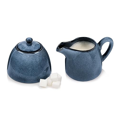 Sänger | Milch und Zucker Set Darwin 3 TLG, Zuckerdose und Milchkännchen Set Steingut, Zuckerdose mit Deckel und Milchkanne, Milchbehälter und Zuckerdosierer Handmade, Zuckerbehälter Blau von Sänger