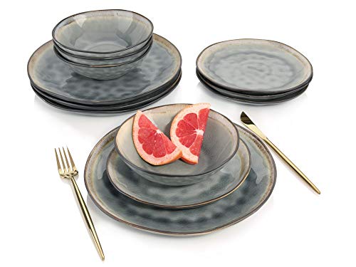 SÄNGER | Teller Set Capri Grau 12 tlg, Steingut Geschirr Set 4 Personen, Dinner Set Spülmaschinenfest, Essgeschirr inkl. Essteller Dessertteller & Tiefe Teller, Tafelservice Grau mit Braunem Rand von Sänger