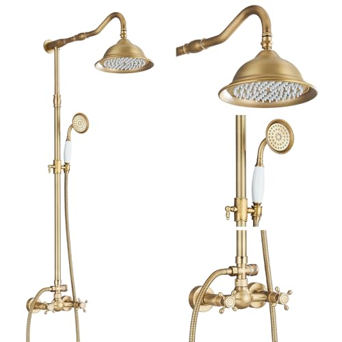 Retro Duschsäule Duscharmatur Dusche Badezimmer Messing Antik Dusche System Mischbatterie Duschkopf fest Handbrause Regendusche von Saeuwtowy