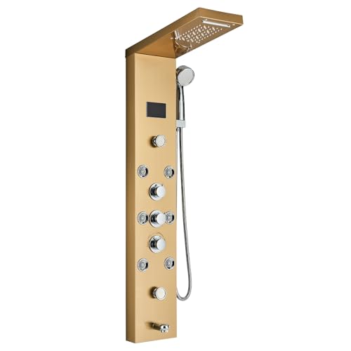 Saeuwtowy Duschpaneel Gold LED Edelstahl Duschpaneel mit Armatur 5 Funktion Duschset mit Handbrause, Regendusche, Massagedusche, Duschsystem Wandmontage Duschamaturenset von Saeuwtowy