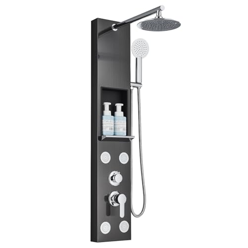 Saeuwtowy Duschpaneel mit Armatur Duschsäule Hydromassage Duschsäule aus Edelstahl mit Anzeige der Temperatur Wandduschsystem Saeuwtowy Duschpaneel mit Armatur Duschsäule Hydromassage Duschsäule aus Edelstahl mit Anzeige der Temperatur Wandduschsystem von Saeuwtowy