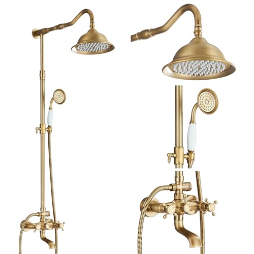 Saeuwtowy Duschset messing Duschsystem Regenduschset Komplettset mit Handbrause Mischbatterie Vintage Duscharmatur aus mit HandbrauseBadewanne Kit mit ausziehbarer Halterung (100-135 cm) von Saeuwtowy