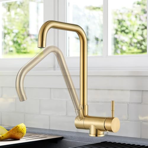 Saeuwtowy Einhebelmischer für Küche, klappbar, um 360 ° drehbar, Küchenarmatur, faltbar, für Fenster, Mischbatterie, Spülbecken, Küche, Edelstahl 304, gebürstetes Gold von Saeuwtowy
