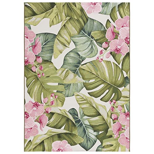 SAFAVIEH Barbados Collection Bar596Y Teppich, tropisches botanisches Design, fusselfrei, pflegeleicht, für drinnen und draußen, waschbar, 1,52 m x 2,12 m, Grün und Rosa, Grün und Rosa von Safavieh