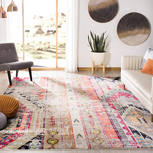 SAFAVIEH Boho Chic Teppich für Wohnzimmer, Esszimmer, Schlafzimmer - Monaco Collection, Kurzer Flor, Hellgrau und Multi, 200 x 200 cm von Safavieh