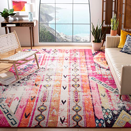 SAFAVIEH Boho Chic Teppich für Wohnzimmer, Esszimmer, Schlafzimmer - Monaco Collection, Kurzer Flor, Magenta und Multi, 200 x 200 cm von Safavieh