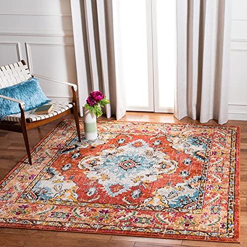 SAFAVIEH Boho Chic Teppich für Wohnzimmer, Esszimmer, Schlafzimmer - Monaco Collection, Kurzer Flor, Orange und Hellblau, 122 X 122 cm von Safavieh