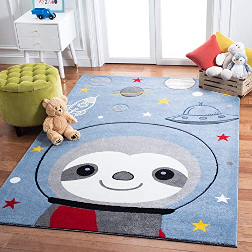 SAFAVIEH Carousel Kids Collection CRK140M Sloth Astronaut Non-Shedding Playroom Nursery Bedroom Area Rug 4' x 4' Square Blue/Grey von Safavieh