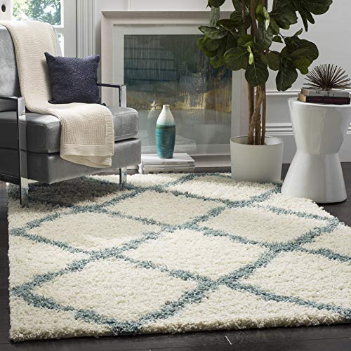 SAFAVIEH Zottelig Teppich für Wohnzimmer, Esszimmer, Schlafzimmer - Dallas Shag Collection, Hoher Flor, Elfenbein und Hellblau, 122 X 183 cm von Safavieh