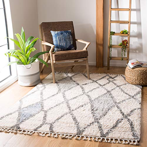 SAFAVIEH Marokkanischer Zottel Wohnzimmer, Esszimmer, Schlafzimmer - Berber Fringe Shag Collection, Kurzer Flor, Creme und Blau, 122 X 183 cm von Safavieh